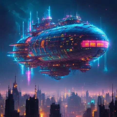 Colossal Neon Airship Above the Dystopian City
