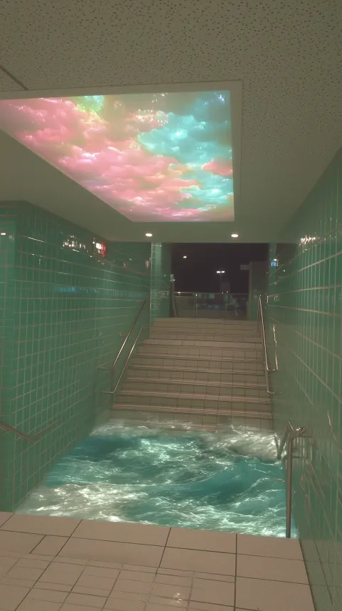 Surreal staircase descending in a tiled room, bottom half illusion of being submerged in turbulent o