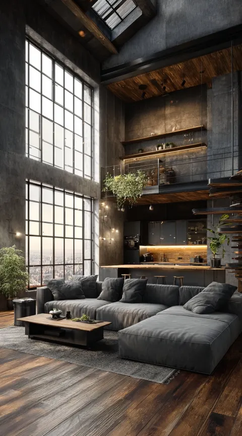 Modern loft apartment interior with an open-plan kitchen and living room