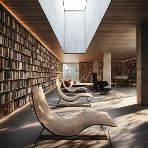 Modern minimalist interior of a luxury library, architectural photography