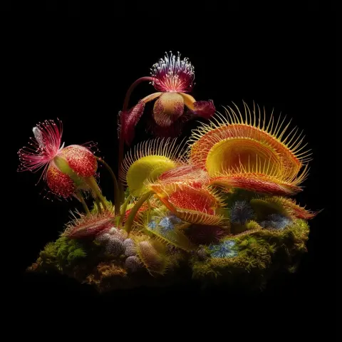 Cinematic hyper-realistic photography, still life, carnivorous plant with amazing tropical flowers