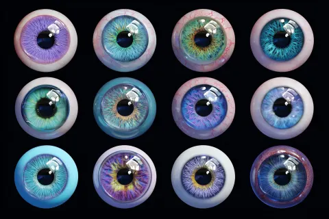 12 identical eyes on the black background, 3d render style