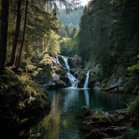 Lake and water cascades in forest.