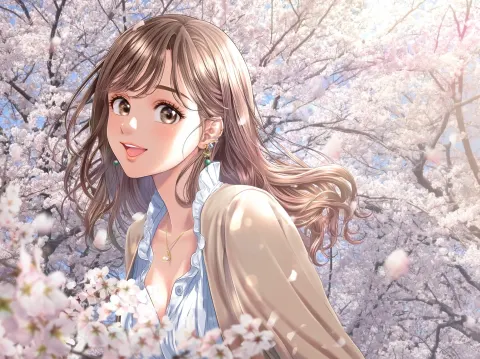 Woman Smiling in a Park Full of Cherry Blossom