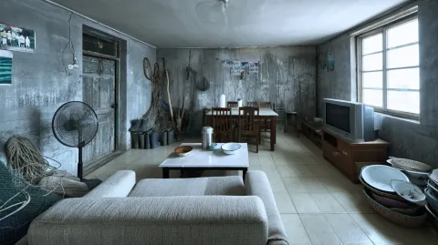Panoramic view of the living room of a Chinese coastal fisherman’s home, 2005, full room view