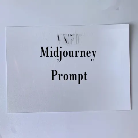 Blank piece of white paper with text that reads "FREE Midjourney Prompt", plain white background