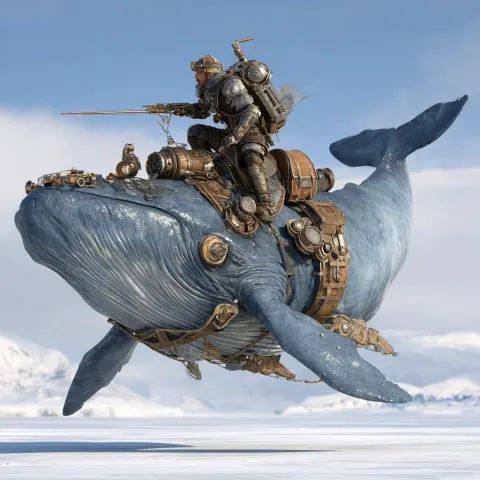 Pelagic steampunk mangudai warrior charging on the plains of Antarctica, ultra realistic hd picture