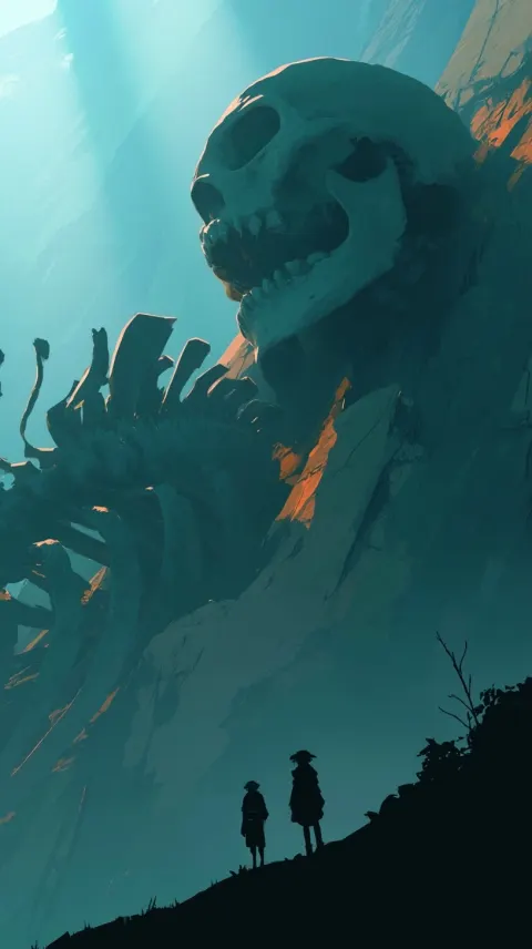 Stylized animated film frame, arcane style, two small human silhouettes in foreground