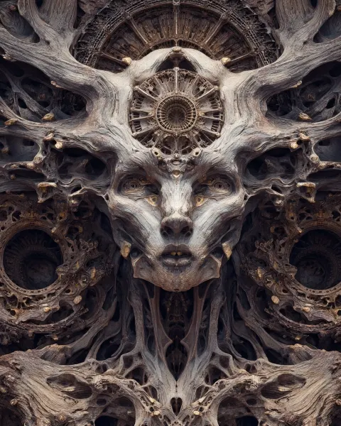 Biomorphic wood, intricately gnarled driftwood, fossilized bone texture