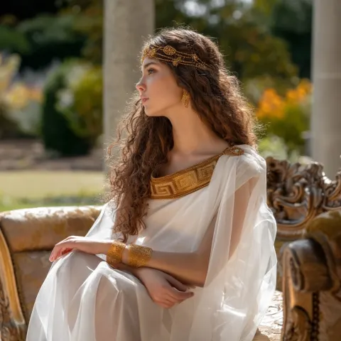 Photograph of a beautiful Helen of Troy sitting in a divan at a garden