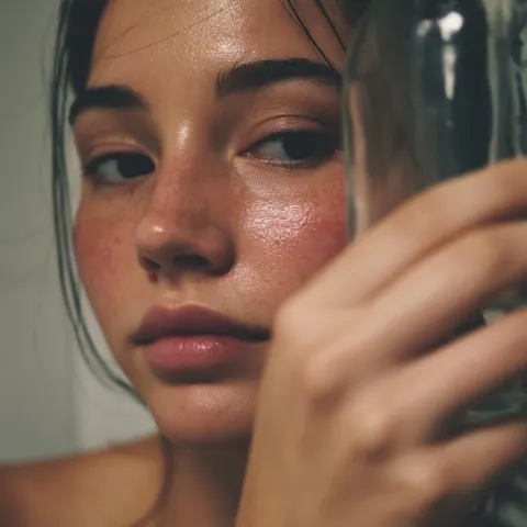 Candid smartphone selfie of a normal young woman (early 20s, light-medium skin tone