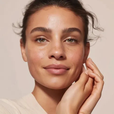 Photorealistic beauty portrait of a soft, real photography gentle character for a skincare brand