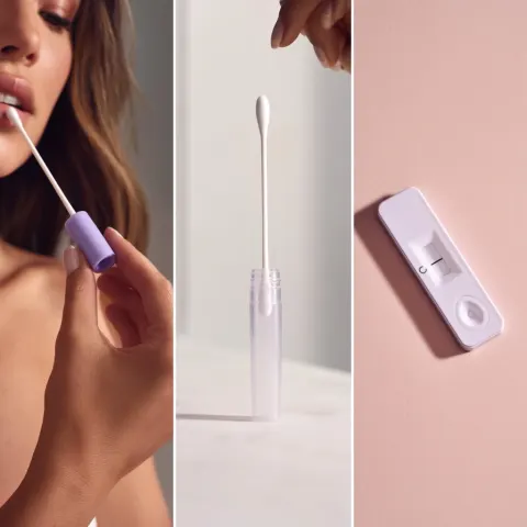 Photorealistic product photography triptych showing three stages of using a premium lavender purple