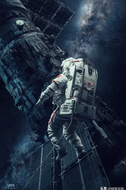Chinese Girl Spacewalking Outside a Space Station