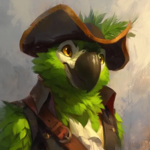 Piper Thibodeau's portrait of a handsome cute anthropomorphic parrot swashbuckler fursona wearing a