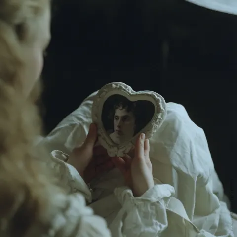 POV angle from a young blonde woman sitting on a bed in a dimly lit medieval room. In the foreground
