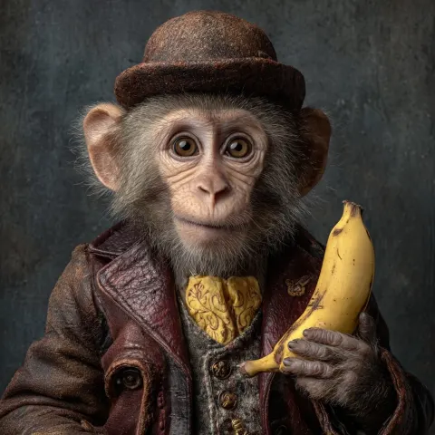 A monkey in his hands with a banana is real like a photo