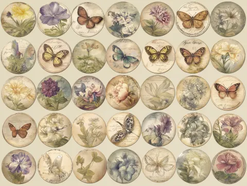 SEVENTY vintage style hand-drawn watercolor discs, each measuring 1 inch in diameter. Each disc is d