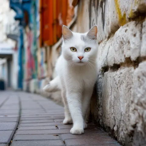 Real cute and beautiful white cat promenade europe's old city. please portrait the views of streets