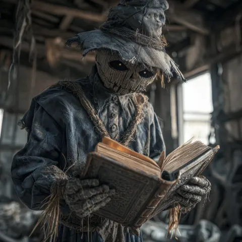 Realistic fantasy art of an ancient forbidden book in the hands of a scarecrow warlock within a brok