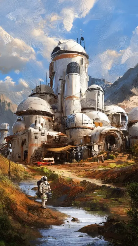Reimagine a Beautiful afternoon at moon colony village in line brush strokes art style