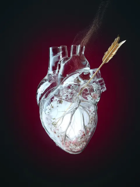SA photorealistic 3D render of a transparent human heart with an arrow piercing through it against a
