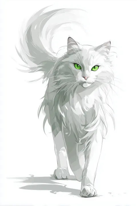 Simple illustrated 2d in the style of charlie bowater cute long haired white cat with green eyes on