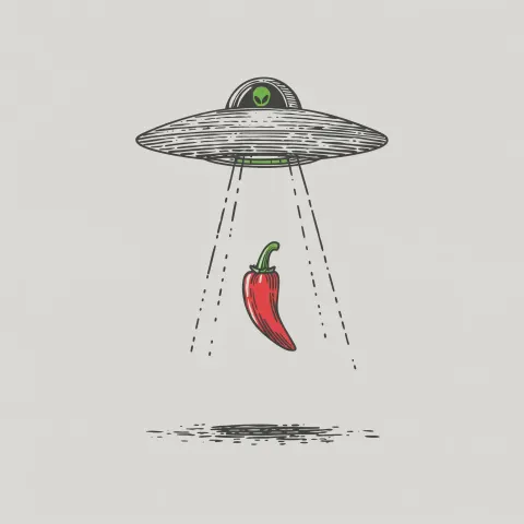 Simple illustration of a chili pepper being lifted into a flying saucer beam