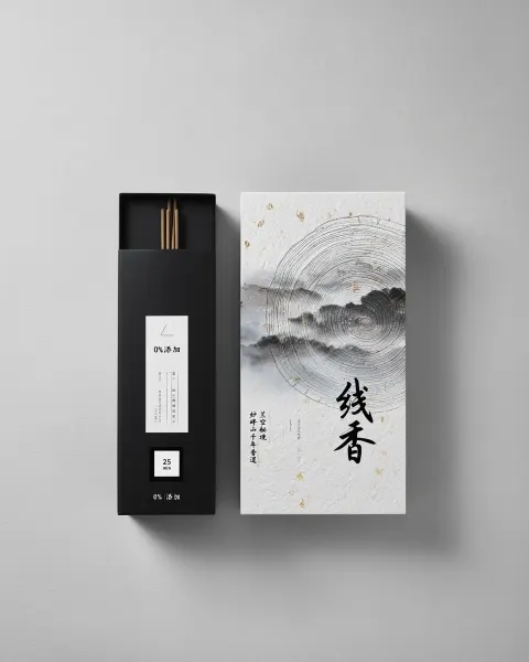 The packaging design of the organic incense sticks is created in the style of a Japanese designer
