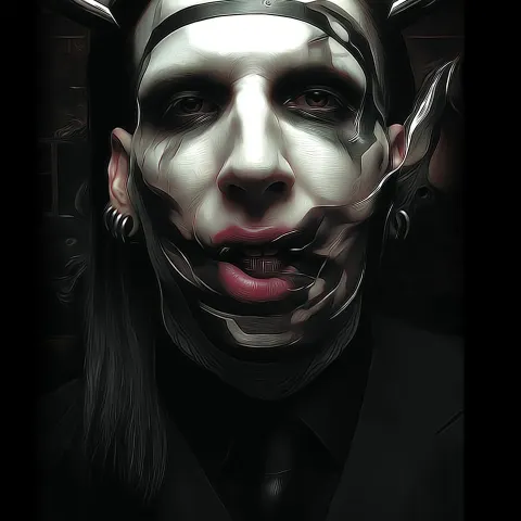 Surreal dark blackwork tattoo portrait of Marilyn Manson where facial identity is partially annihila