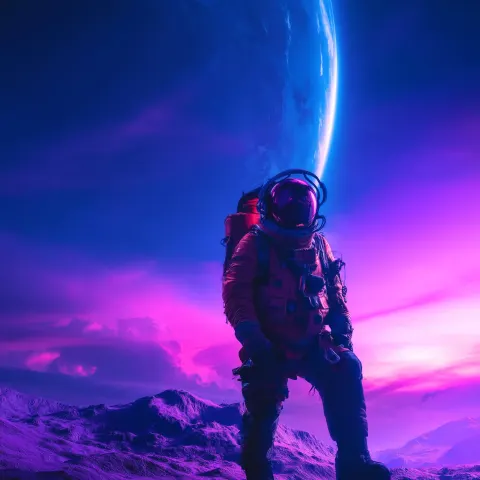 Surreal sci-fi extremely realistic hyper-realistic explorer on a new planet purple blue and pink the