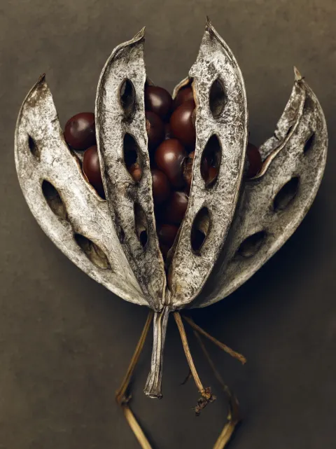 Surrealist natural specimen photography, featuring a bizarre shape of dried seed pods with a light g