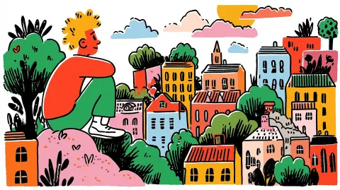 Sustainable architecture architect thinking and drawing a city in a park, white sky, buildings