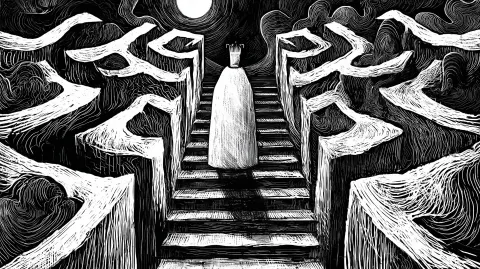 The king walking down infinite surreal symmetrical stairs in the underworld. Surreal underworld myst