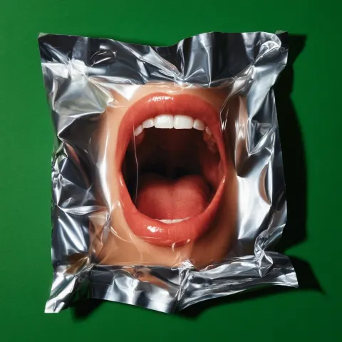 Surrealist editorial art, a human mouth wide open in a scream inside a vacuum-sealed plastic silver