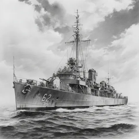 The USS ABBOT 629 on the ocean with a slight amount of waves. The rendition of the ship should be cl