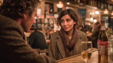 Jolie fille d'une trnataine d'énnées dans un bar moderne qui se fait acoster par un homme d'une tren