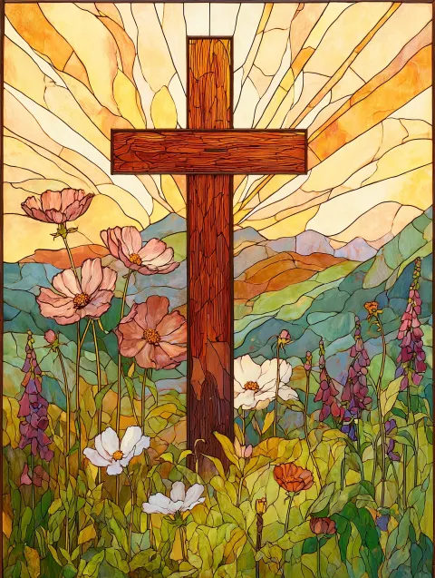 This is a rectangular stained-glass window with a wooden cross at its center