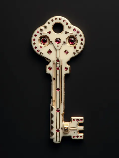 Tiny 50's ivory key with a lot of tiny holes, industrial shapes, ruby details, thick bold