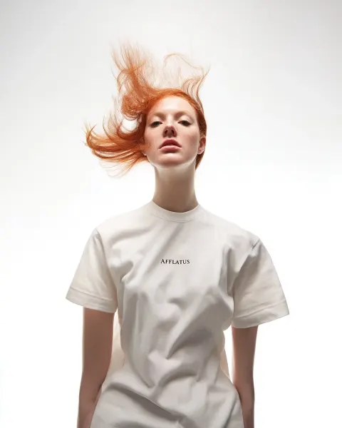 Top view photo of a woman with red hair and unusual facial features