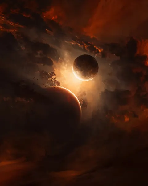 Two planets colliding in formation, exploding and shattering into pieces