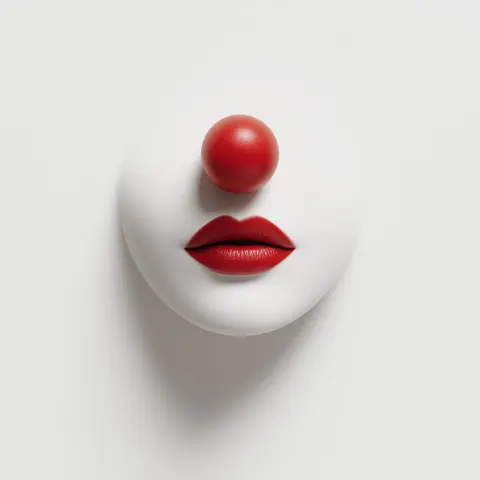 Ultra-minimal digital illustration of a red clown nose and red lips floating on a pure white backgro