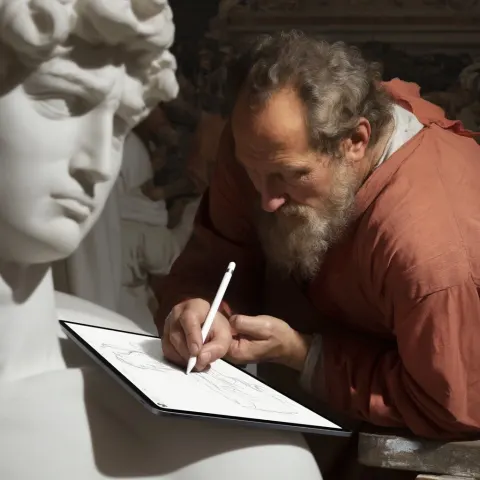 A detailed, high Renaissance-style portrait, with soft colors and clear forms, of Michelangelo