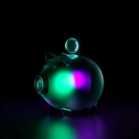A futuristic minimalist piggy bank made of frosted dark glass