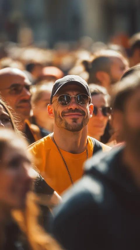 Sunny orange yellow sun. a 29 year old in a safety yellow t-shirt, baseball fitted cap