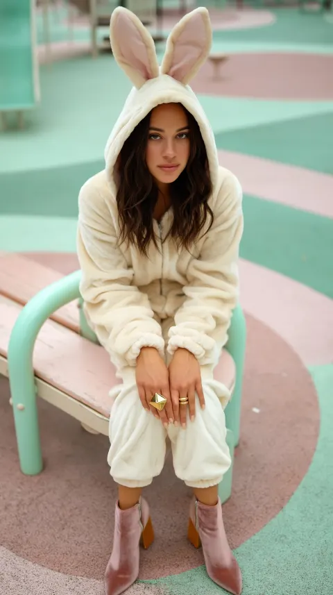 A richly detailed, editorial fashion portrait photograph set in a vibrant urban pastel playground. T