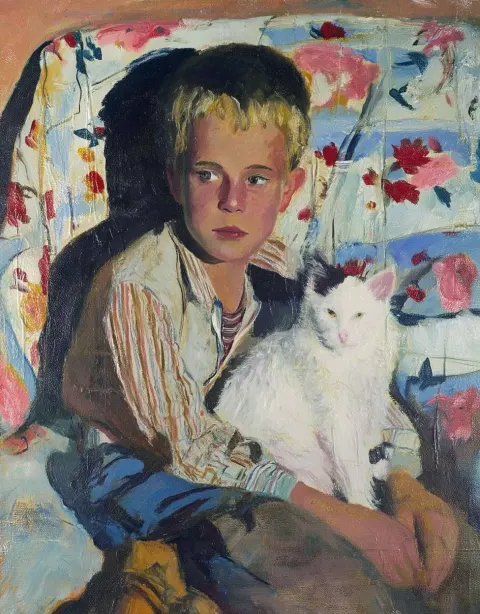 Portrait of the boy with his cat, in the style of claude monet the boy sits against a quilt-patterne