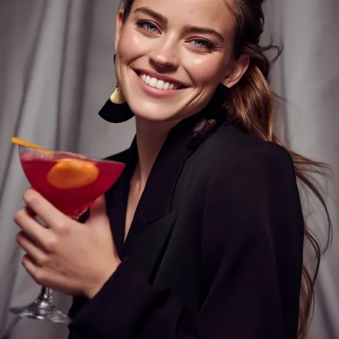 Portrait of a stylish woman holding a cocktail, smiling naturally, modern blazer, bold earrings