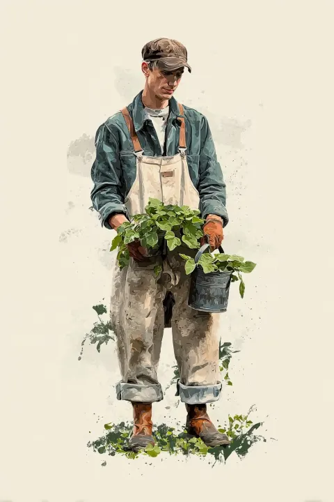 A movie poster, a portrait of a gardener, in the style of a drew struzen poster, white background