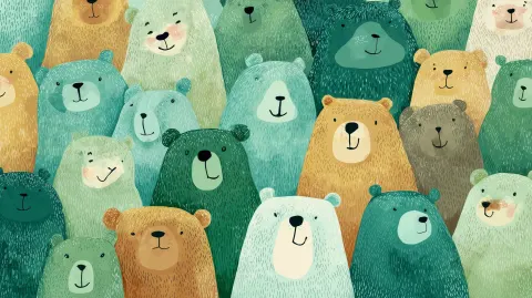 In the center of the frame there are many large bears